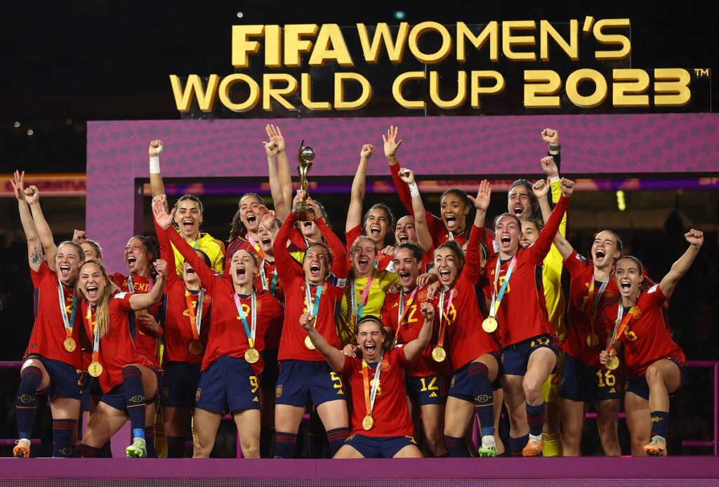 Spain's Jennifer Hermoso celebrates after winning the World Cup [Amanda Perobelli/Reuters]