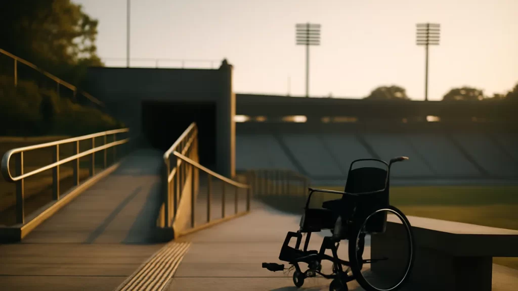 Accessible travel to stadiums: a practical booking guide Sunlit stadium forecourt with ramp, tactile paving and folded wheelchair.