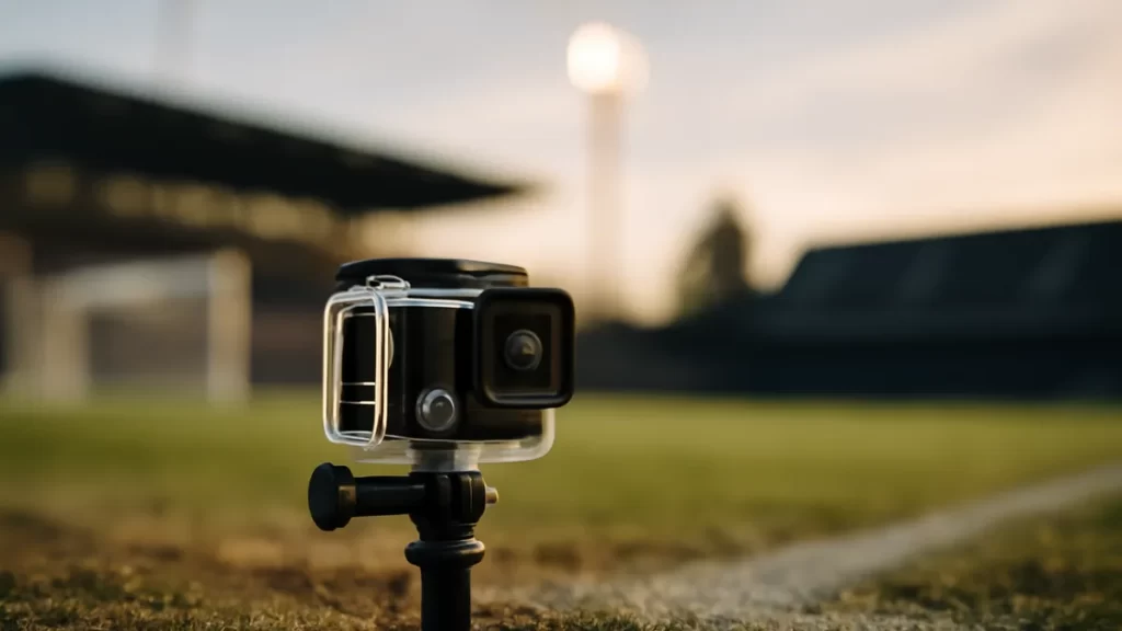 Action camera on monopod by sideline, goal and floodlights blurred