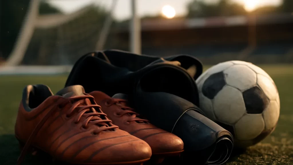 Football boots, shin guards and ball on artificial turf near blurred goal