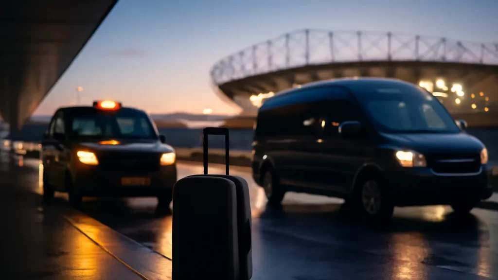 Empty taxi and shuttle by curb, suitcase, floodlit stadium silhouette