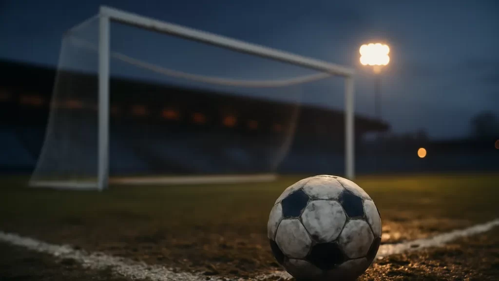 Amanda Ilestedt: Sweden’s defensive threat and penalty-box presence Scuffed football near penalty area with goal net and floodlights blurred.