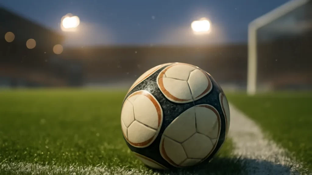 Close-up of a football on wet grass by touchline, floodlights glowing