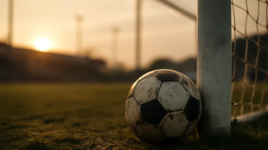 Scuffed football against goalpost on wet, trodden pitch at dusk.