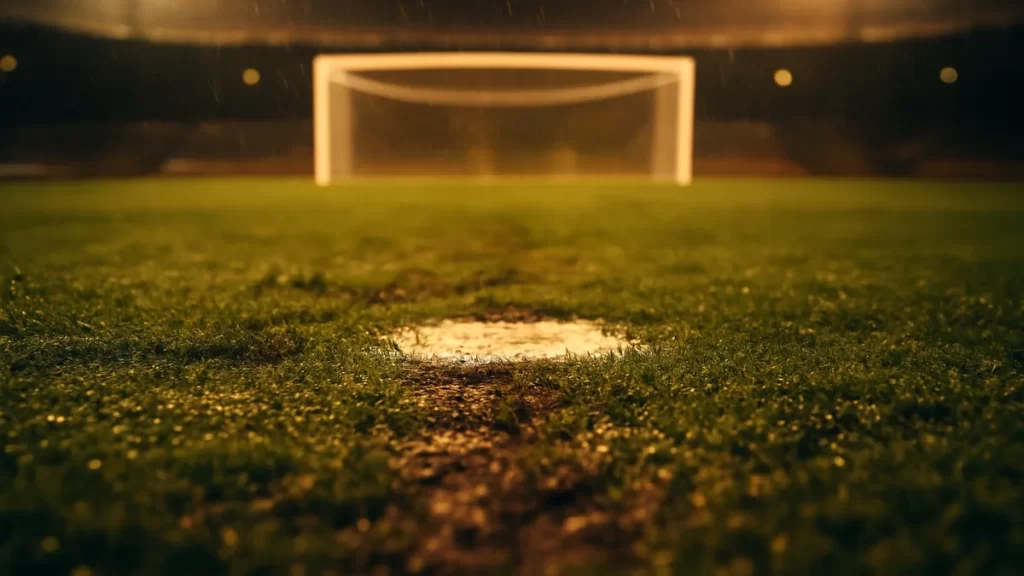 Bihina’s four saves send Cameroon into Wafcon final Rain-slick penalty spot leading to a blurred goal and floodlit empty stands.