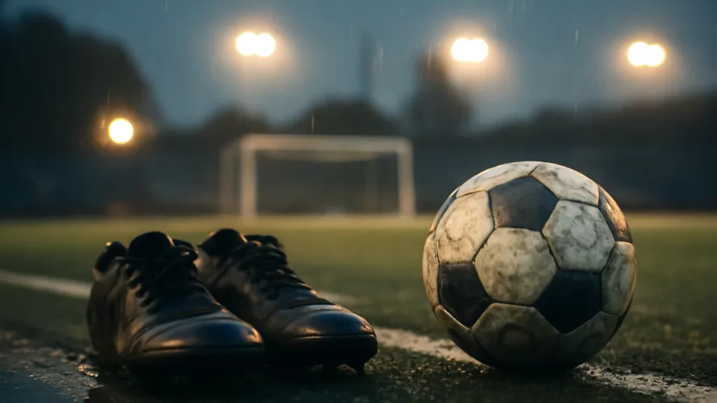 Booking a football pitch: practical choices and priorities Worn boots and scuffed ball on wet pitch under glowing floodlights.
