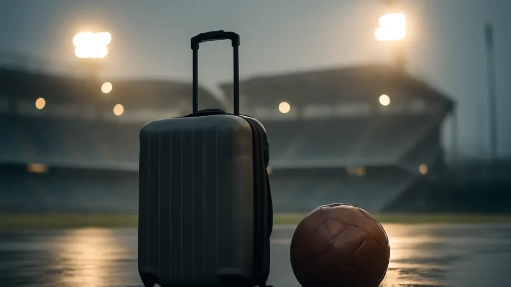 Suitcase and football on wet concourse outside an empty stadium at dusk