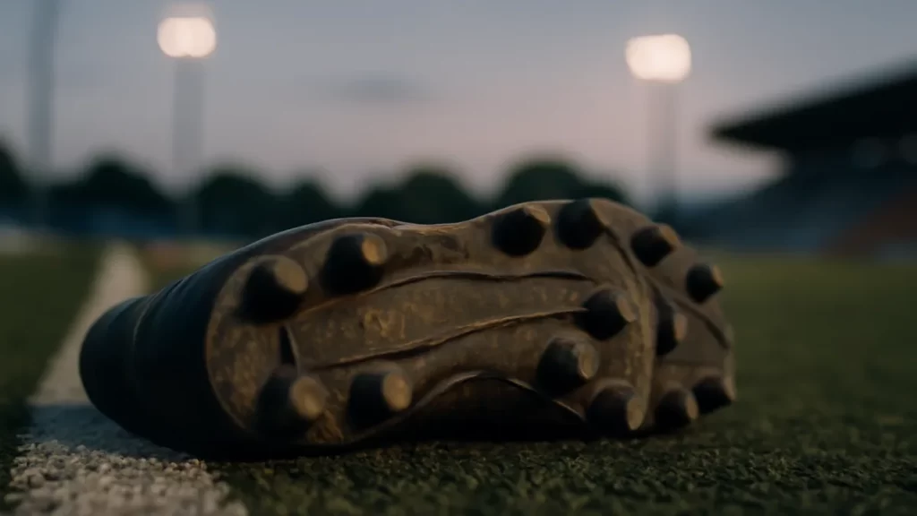 Close-up of boots soleplate on short artificial turf, empty stands blurred