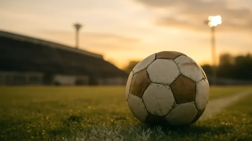 Match ball on wet grass, empty stands and floodlights at golden hour