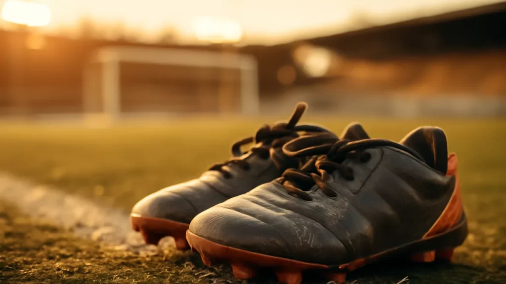 Small scuffed football boots on worn turf, blurred goal and empty stands