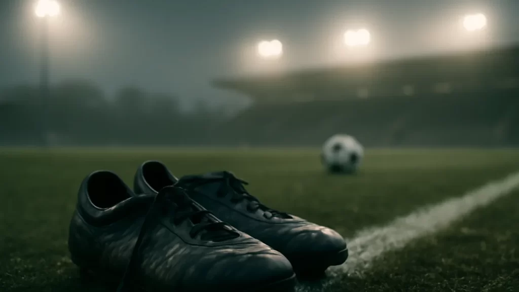 Buying supplements for tested athletes: a practical decision guide Worn football boots on wet turf under misty floodlights, empty stands visible.