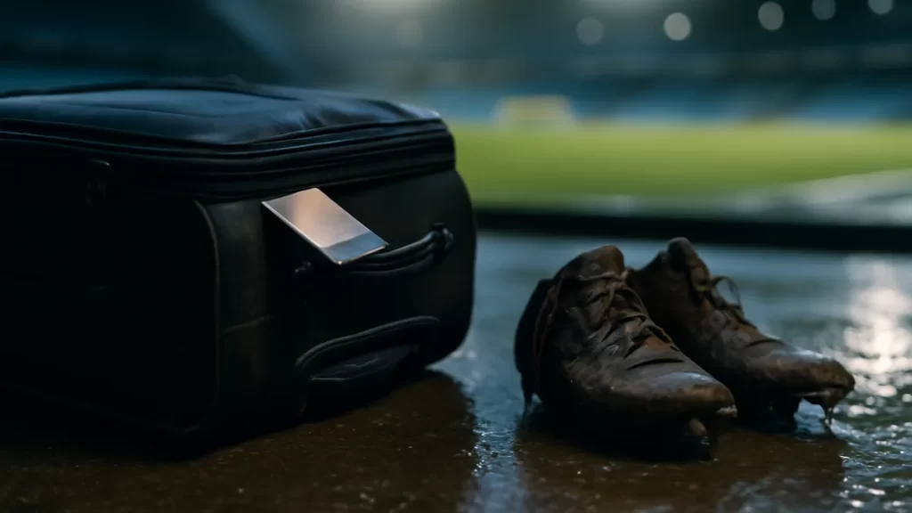 Cancellation and refunds on match travel: who pays what Scuffed suitcase, boarding pass edge and muddy boots by empty pitch