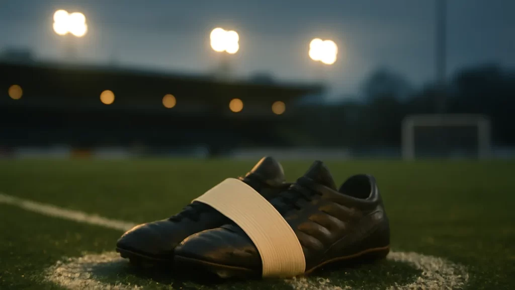Worn football boots with a captain's armband on wet centre-circle.