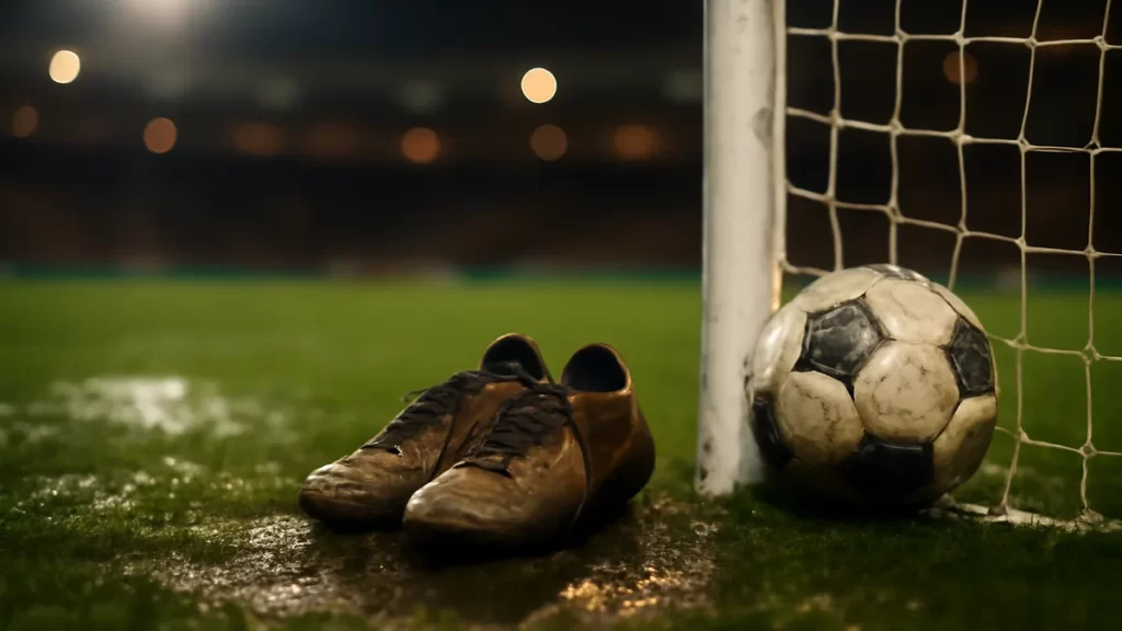 Scuffed ball in net, muddy boots on wet penalty spot under floodlights