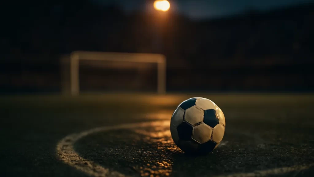 Football on rain-darkened pitch by goal under warm floodlights at dusk.