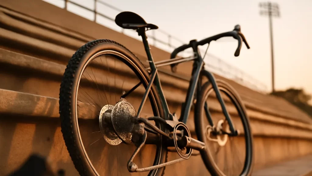 Bike leaning on concrete steps showing tyre tread, disc brake, cassette.