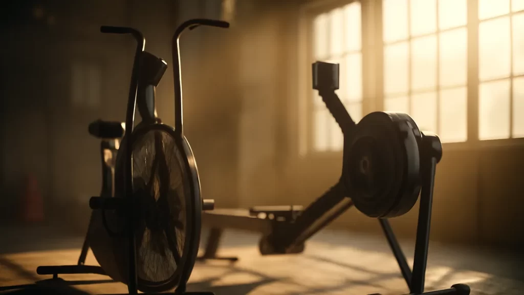 Choosing a bike or rower for off‑season conditioning Stationary bike and rowing machine side-by-side in sunlit gym corner