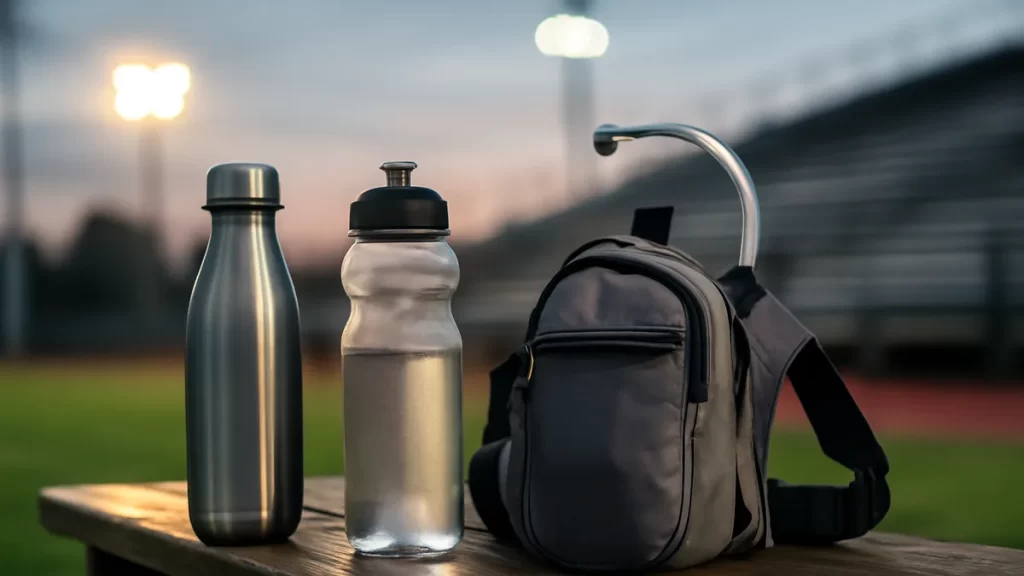 Choosing a bottle or hydration pack: what to buy and why Assorted bottles and a hydration pack on a bench by damp pitch