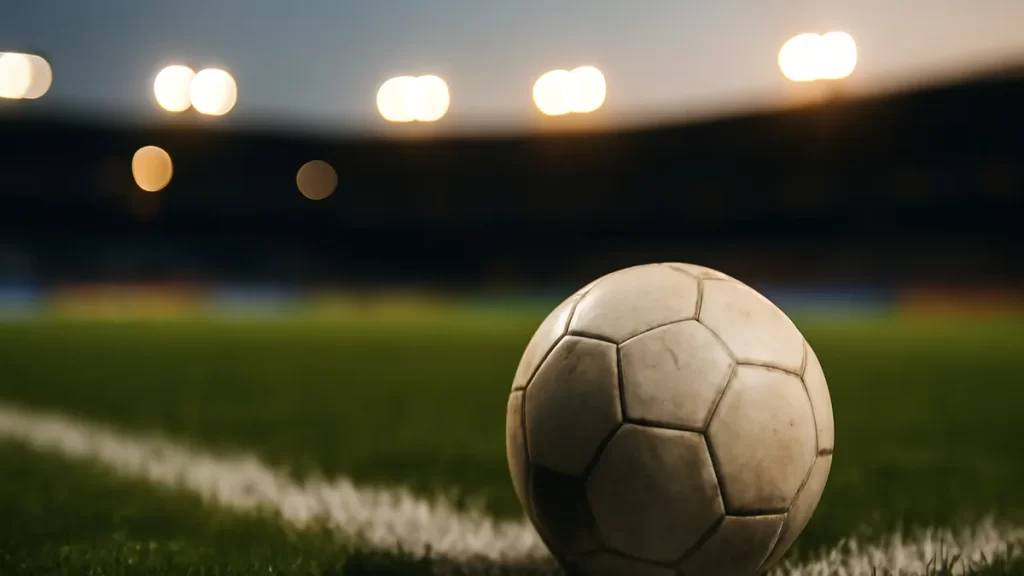 Choosing a fantasy platform: scoring, drafts and salary caps Scuffed football on touchline at dusk, wet grass, warm floodlights, empty stands blurred