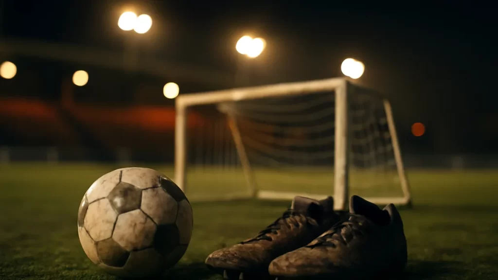Scuffed five-a-side ball and boots on worn artificial turf near goal