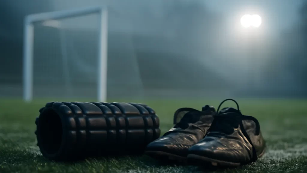 Choosing a foam roller: pick density, length and texture with purpose Foam roller and football boots on damp pitch near goalpost and stands