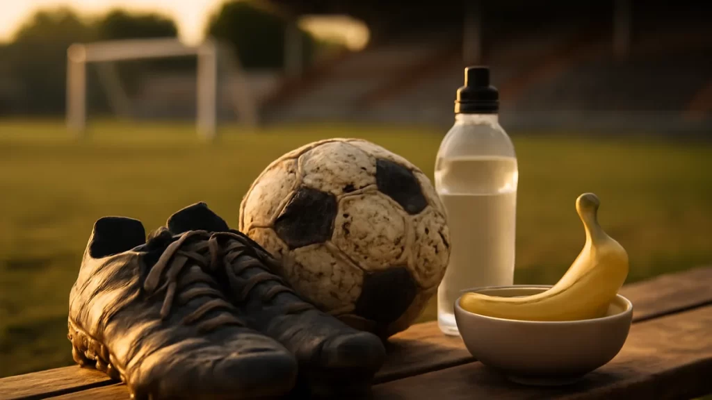 Scuffed football boots, ball, water bottle and banana on sideline bench