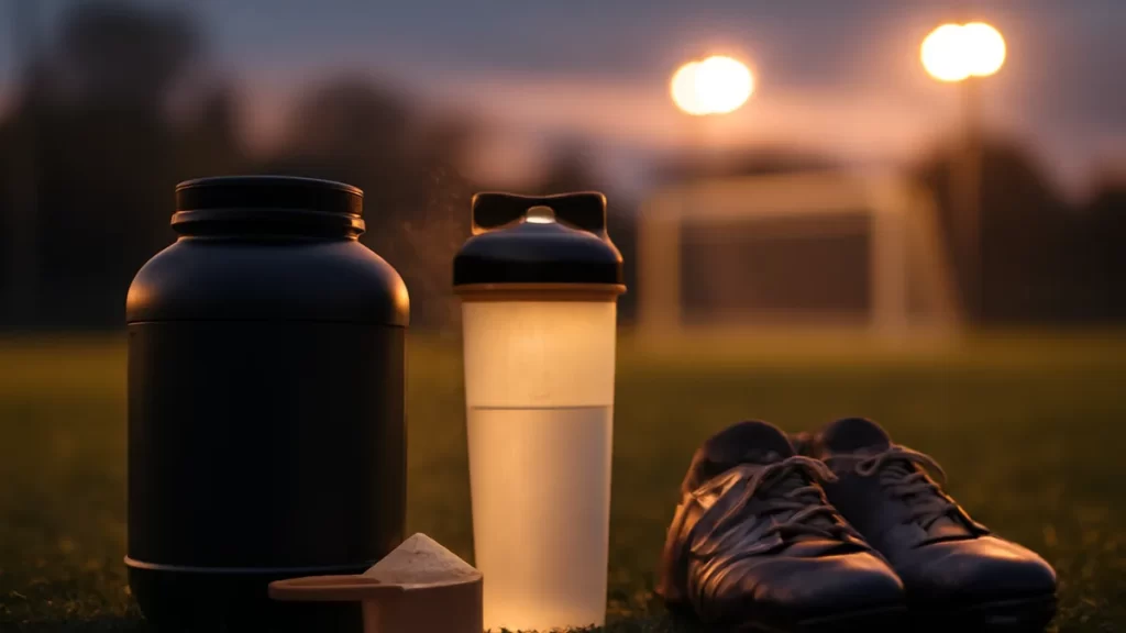 Choosing a protein powder: a decision guide for footballers Unbranded protein tub, shaker, boots on grass with blurred goal