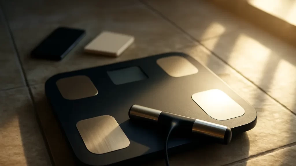 Choosing a smart scale: what to check before buying Smart scale with hand grips, blurred phone and notebook on tiles