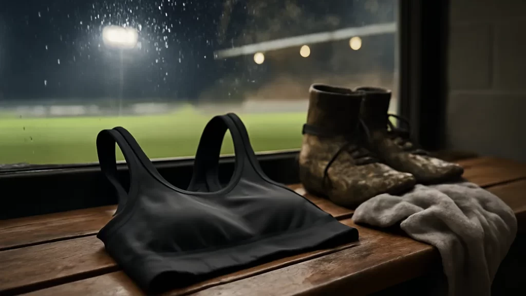 Sports bra on bench with boots, towel and floodlit pitch beyond