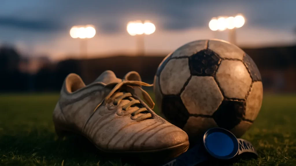 Football boots, ball, and sports watch on damp pitch under floodlights