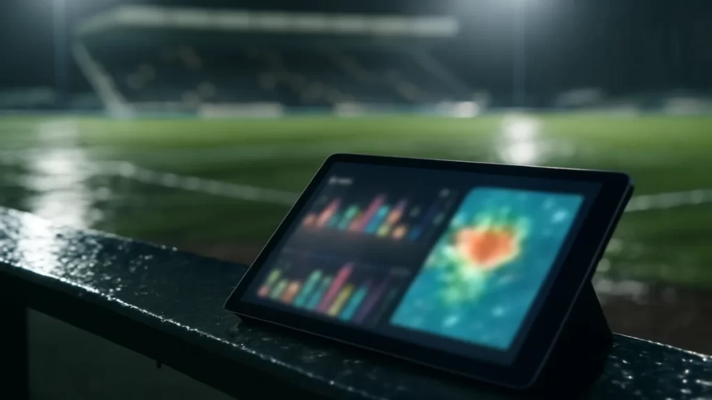 Tablet on wet pitch-side bench showing blurred charts, empty floodlit stadium.