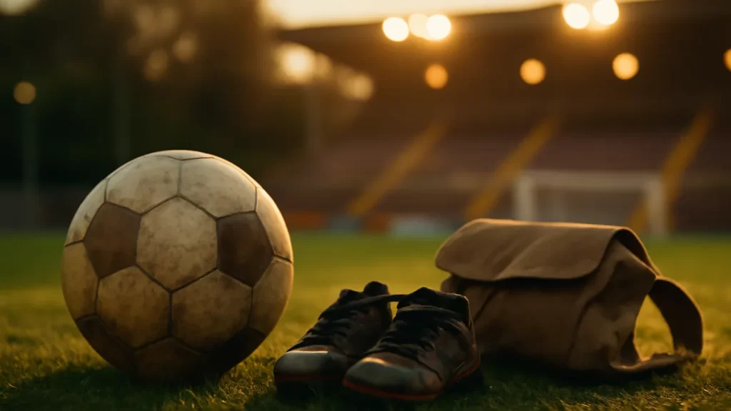 Children's football and boots on grass near empty stadium stands.