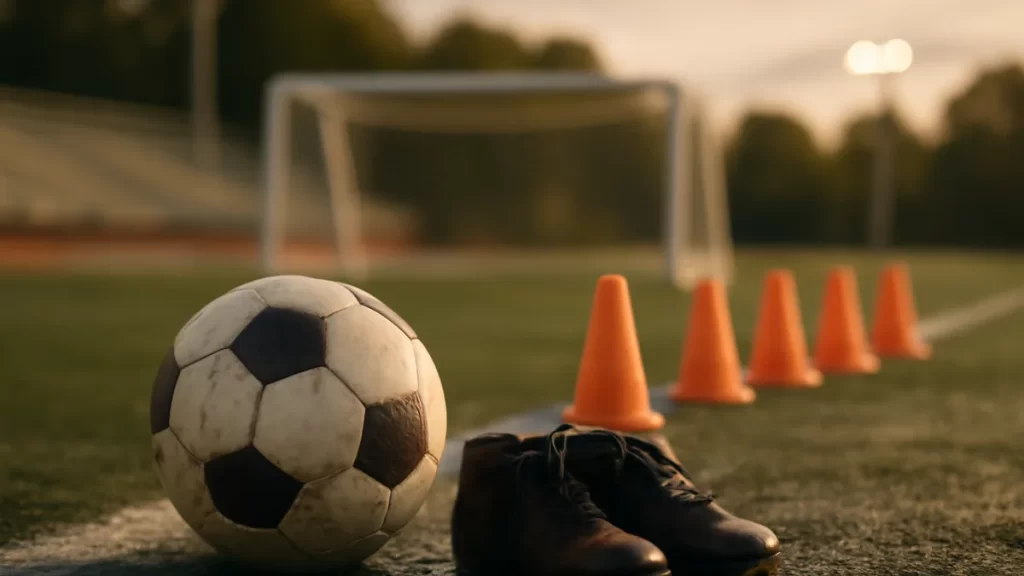 Choosing an academy or club for a child: a practical decision guide Child-size football and boots on wet pitch near empty goal.