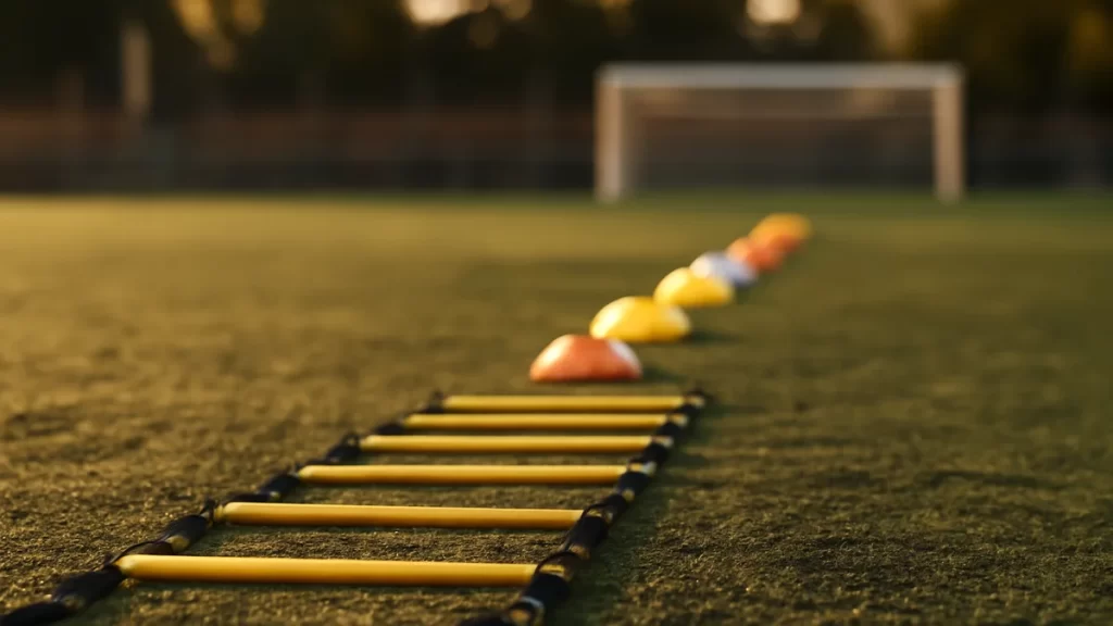 Choosing an agility ladder and cone set: a practical buyer’s guide Agility ladder and cones on worn artificial turf with blurred stands