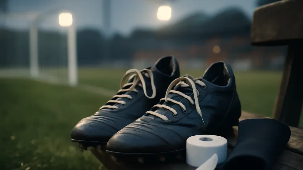 Worn football boots, ankle brace and roll of tape on wet turf