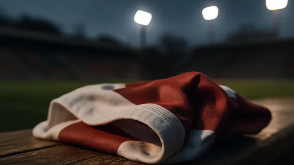 Choosing authentic shirts, replicas and spotting fakes Folded football shirt on sideline bench showing fabric and stitching detail.