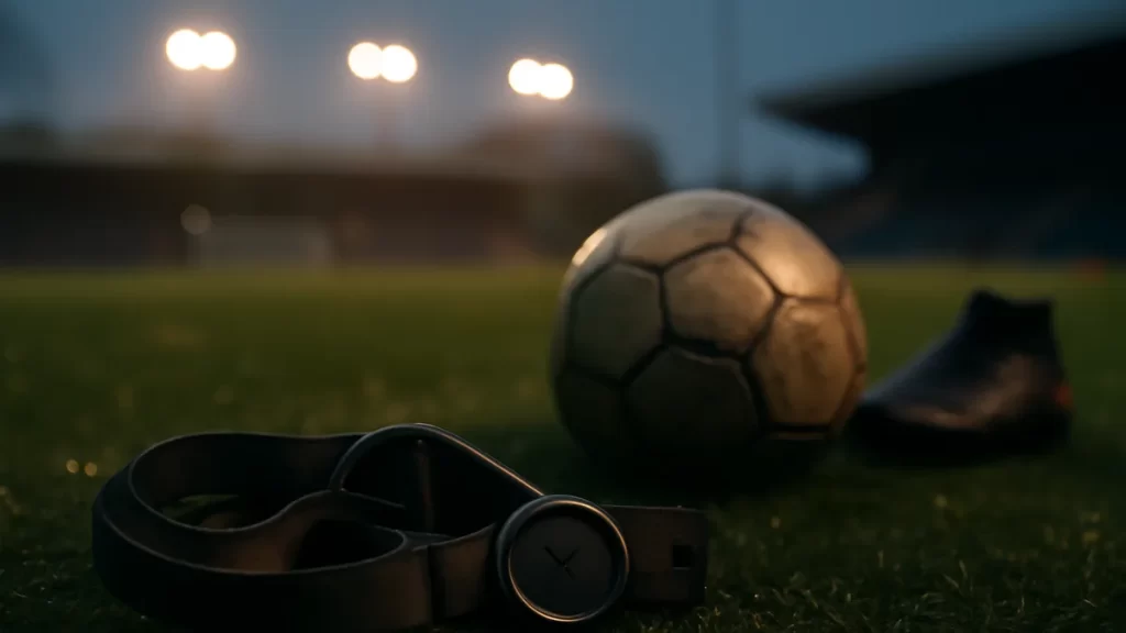 Chest strap and sport watch on wet grass with blurred floodlights