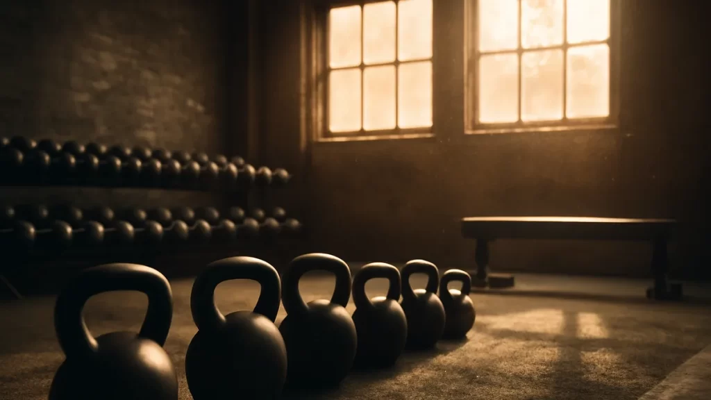 Kettlebells in foreground with blurred dumbbell rack and bench behind