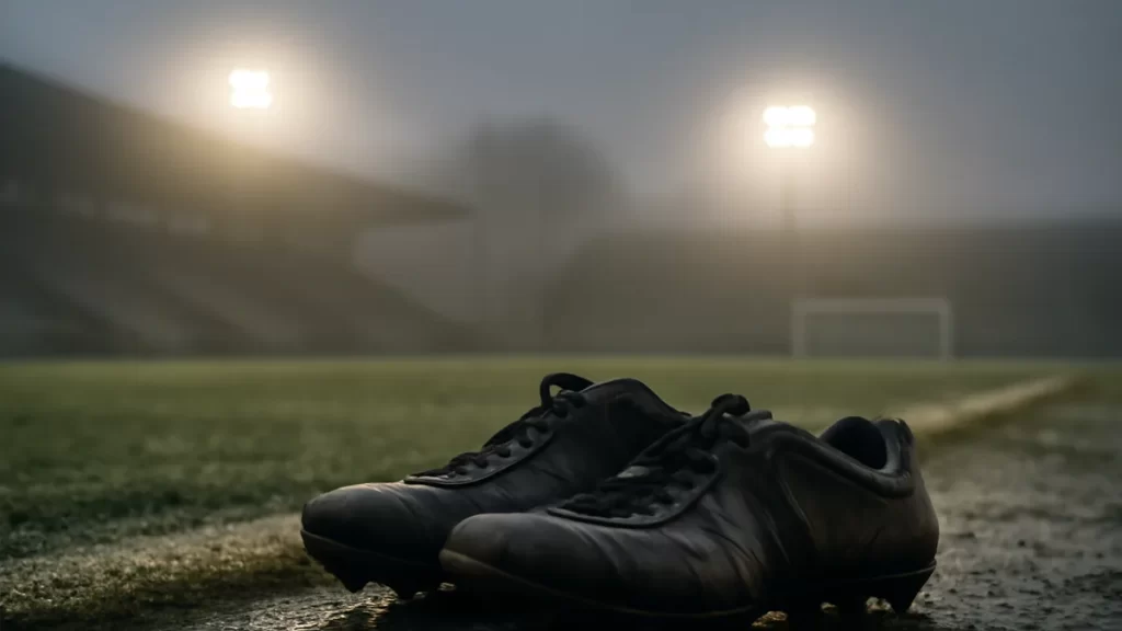 Worn training boots on wet turf with floodlights and empty stands blurred