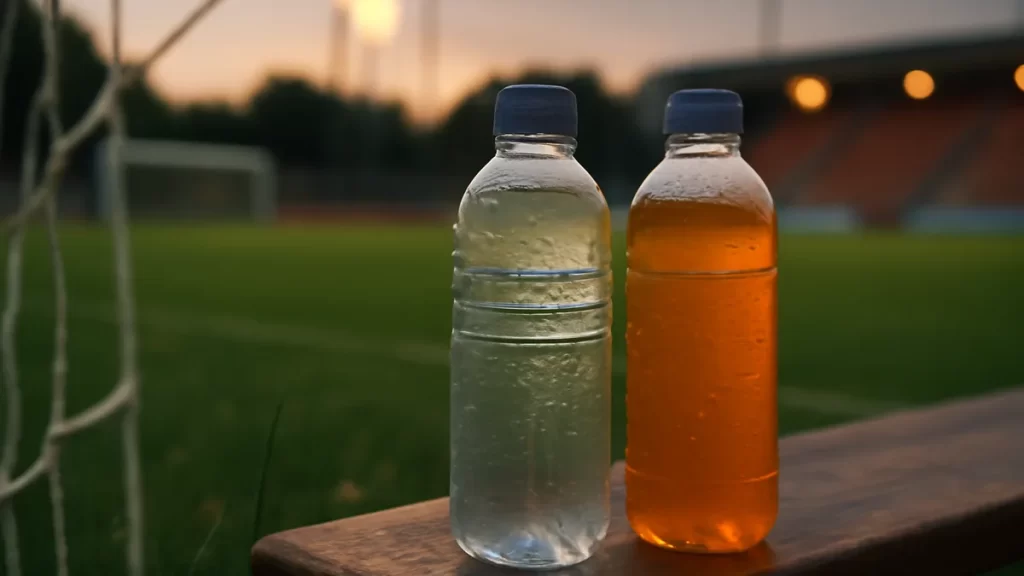 Choosing electrolyte drinks or plain water for training and travel Two unbranded bottles resting on a bench beside a wet pitch.