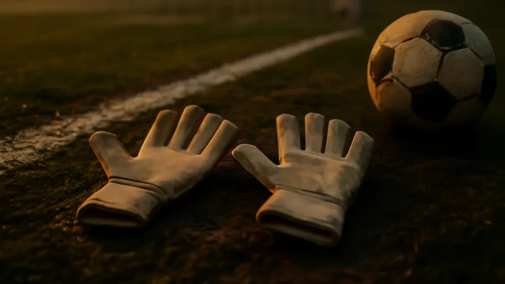 Well-used goalkeeper gloves and scuffed ball on wet pitch near goal