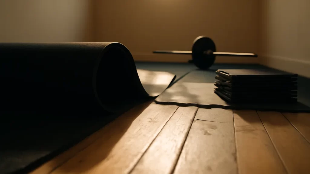 Partially unrolled rubber gym mat, stacked tiles, barbell, sunlit timber floor.
