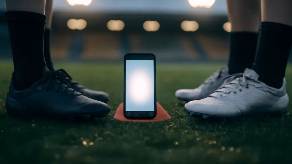 Two football boots flanking a glowing smartphone on wet pitch at dusk