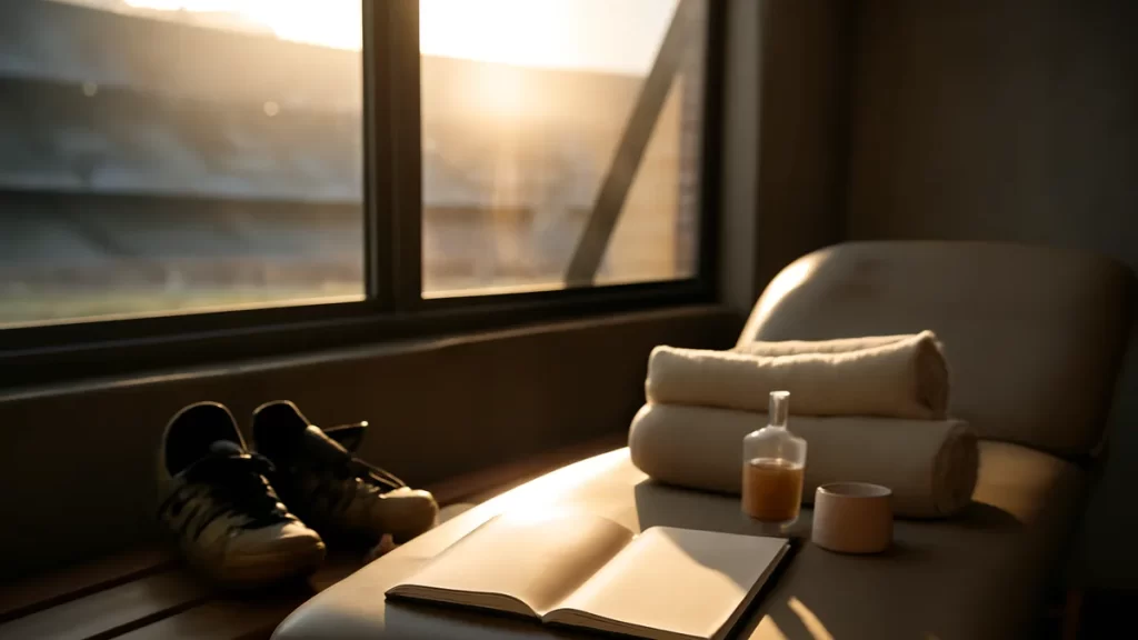 Treatment table, football boots, towels, tape, notebook, stadium light outside.