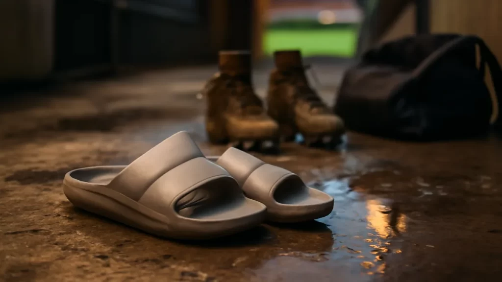 Cushioned slides beside muddy football boots and kit bag under floodlights