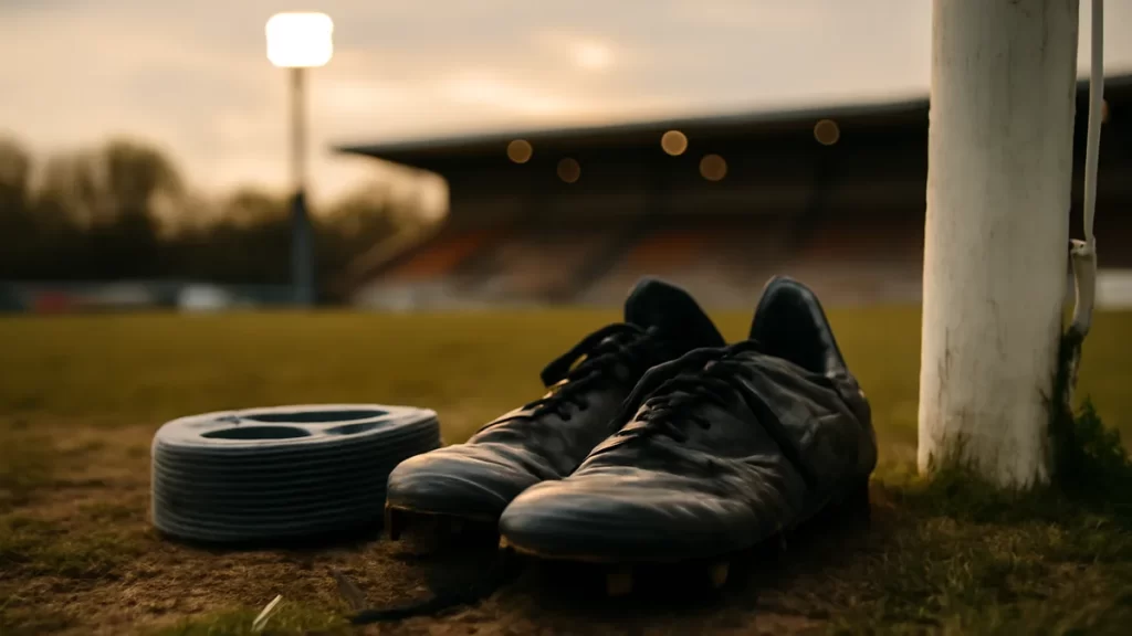 Choosing resistance bands: a practical buying guide Scuffed boots and coiled fabric resistance band on damp pitch, blurred goalpost