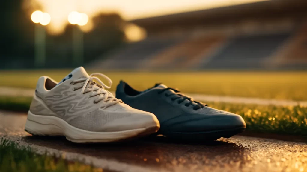 Road trainers and pitch shoe beside wet track and glistening turf