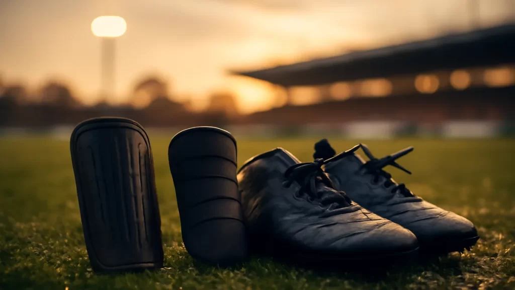Choosing shin guards: a practical buying guide Football boots and two shin guards on wet pitch at sunset, empty stands blurred