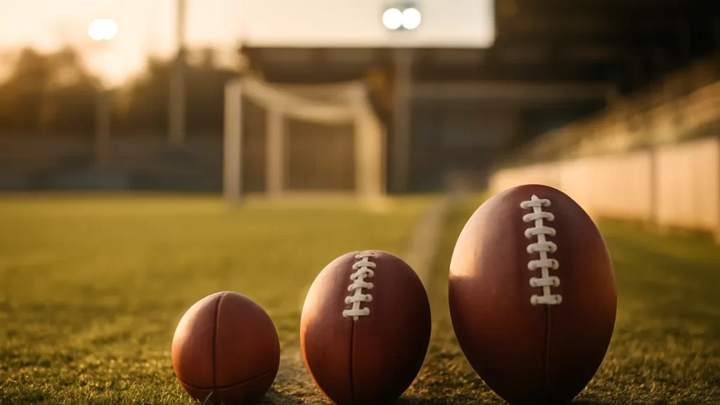 Choosing the right ball size for age and playing surface Three different-sized footballs lined on grass-to-turf seam, empty stands blurred.