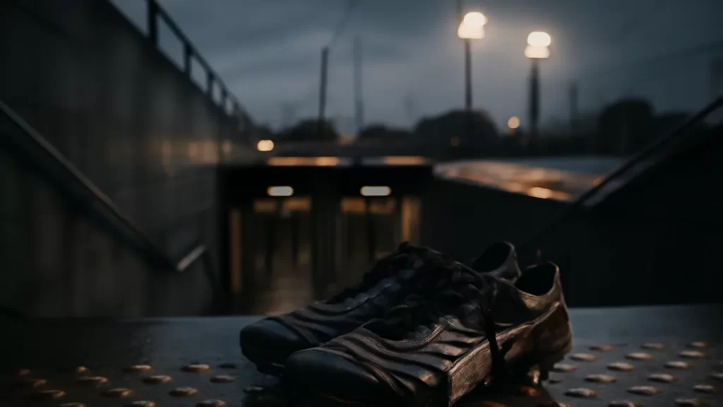 Worn football boots on wet steps with blurred turnstiles and stadium lights